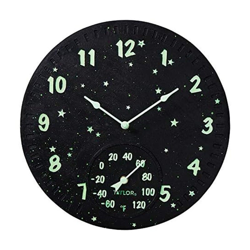 Taylor Galaxy Glow-In-The-Dark Poly Resin Indoor and Outdoor Clock and Thermometer, Home Decor for Garden, Patio, Pool, and Indoor Areas, 14-inch, Multi-Color - Image 1